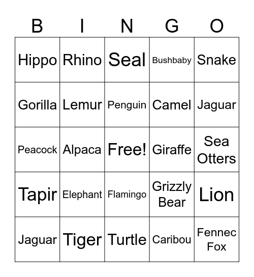 Zoo Bingo Card