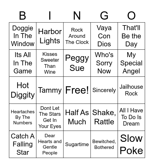 1950's MUSIC BINGO Card