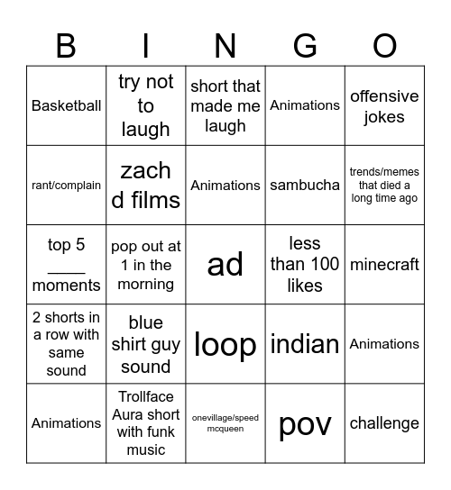 The youtube shorts bingo Card