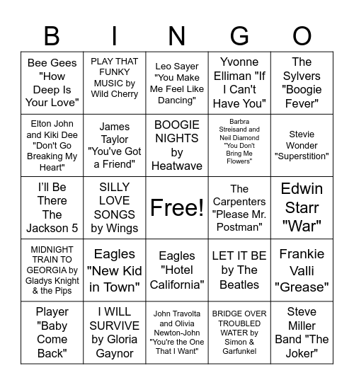 1970s Music Bingo Card