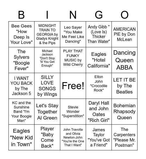1970s Music Bingo Card