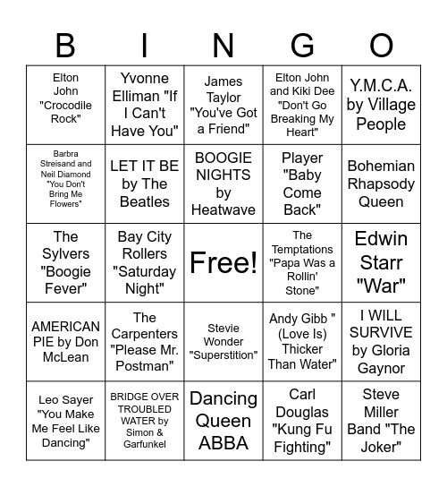 1970s Music Bingo Card