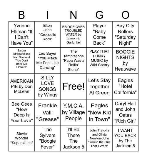 1970s Music Bingo Card