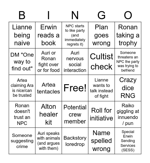 Eseron Bingo Card