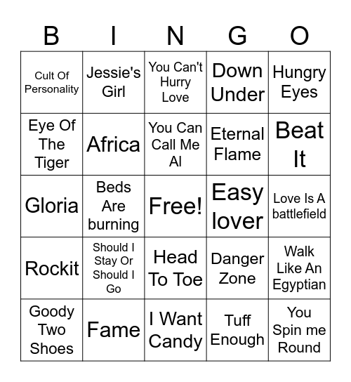 80s Hits Bingo Card