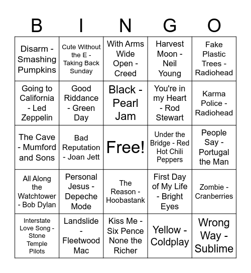 Acoustic Rock Bingo Card