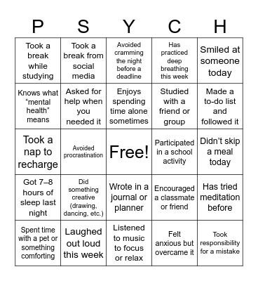 Mental Health Bingo Card