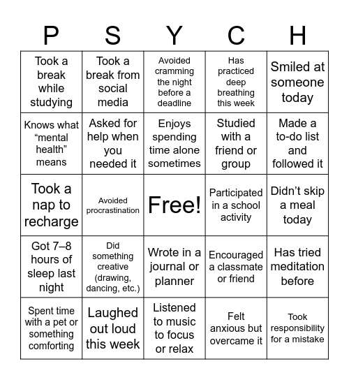 Mental Health Bingo Card