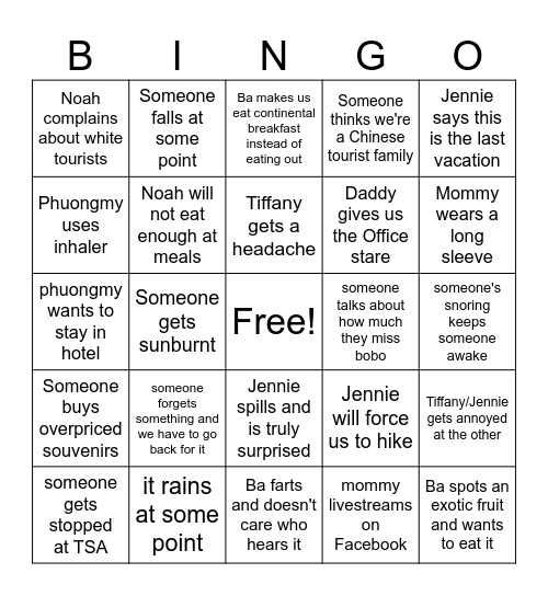 Lee Hawaii Bingo Card