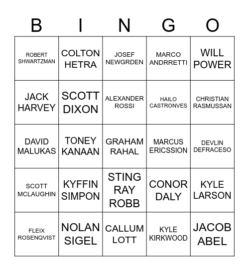 INDY CAR DRIVERS Bingo Card