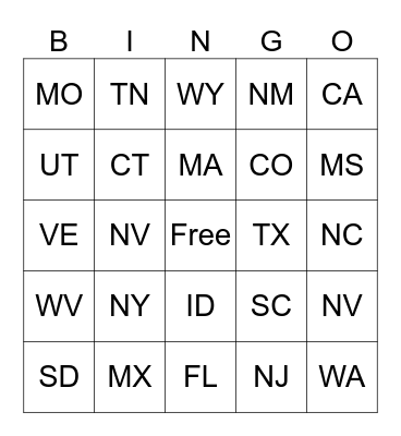 States Bingo Card