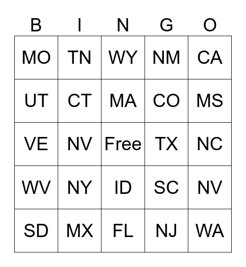 States Bingo Card
