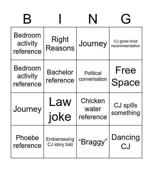 CJ weekend Bingo Card