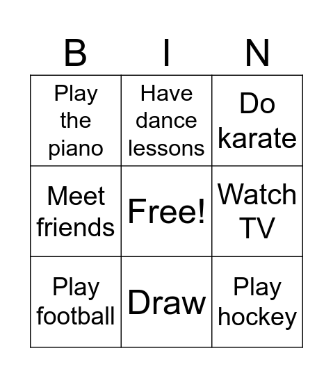 Hobbies BINGO Card