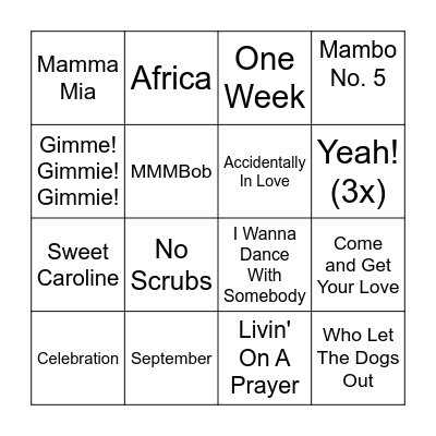 Songs All White People Love Bingo Card
