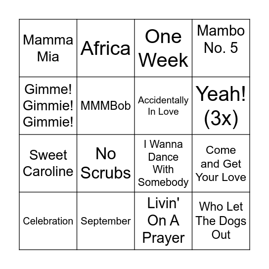 Songs All White People Love Bingo Card