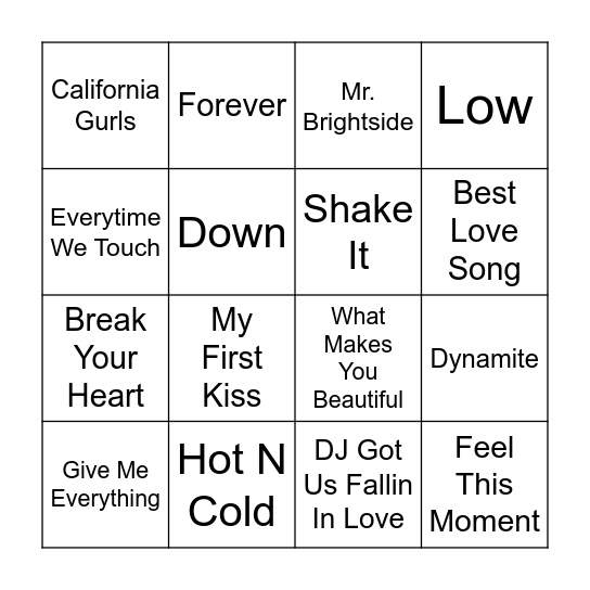 Songs All White People Love Bingo Card