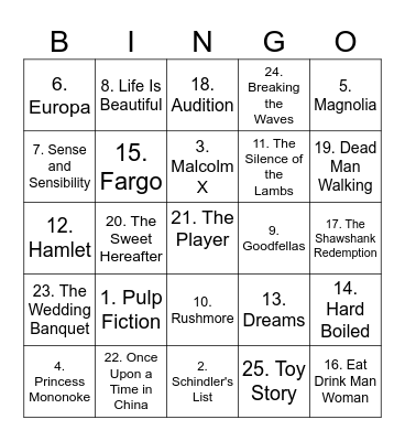 Best Movies of the 90s Bingo Card