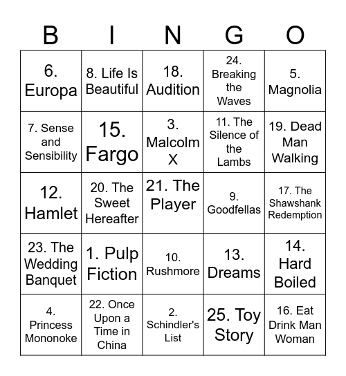 Best Movies of the 90s Bingo Card