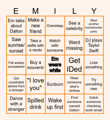 Em's Bachelorette BINGO Card