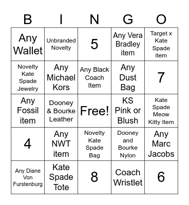 Handbag BINGO Card