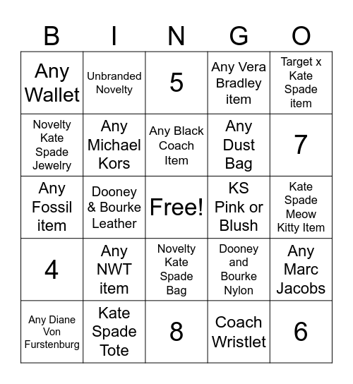 Handbag BINGO Card