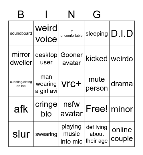Vrchat BINGO Card