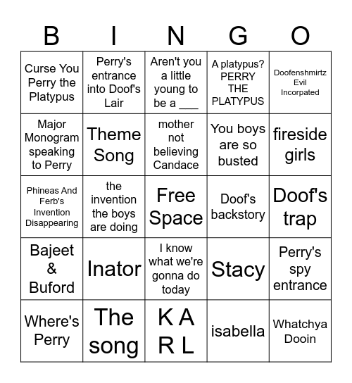 Phineas And Ferb Bingo Card