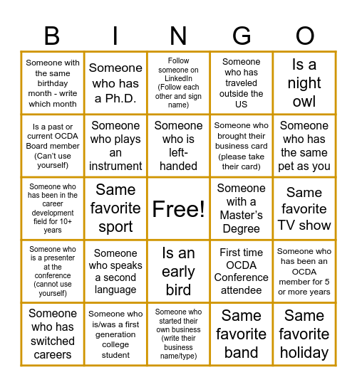 OCDA 50th Anniversary Networking Bingo Card