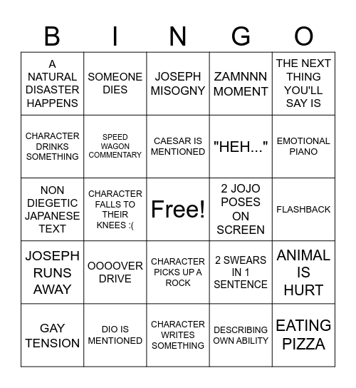 JOJO PART 2 Bingo Card