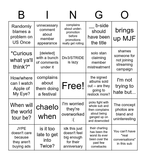 r/twice comeback season comment section Bingo Card