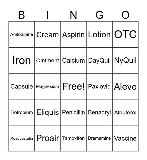 Pharmacy BINGO Card