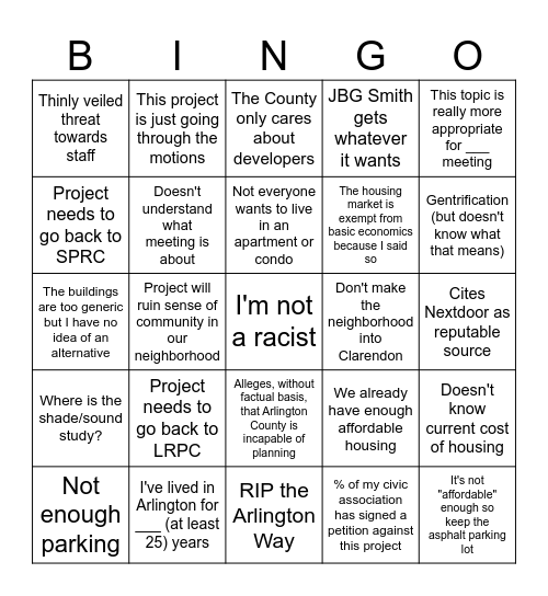 ARLINGTON NIMBY BINGO Card
