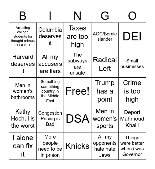Andrew Cuomo talks to Bari Weiss Bingo Card