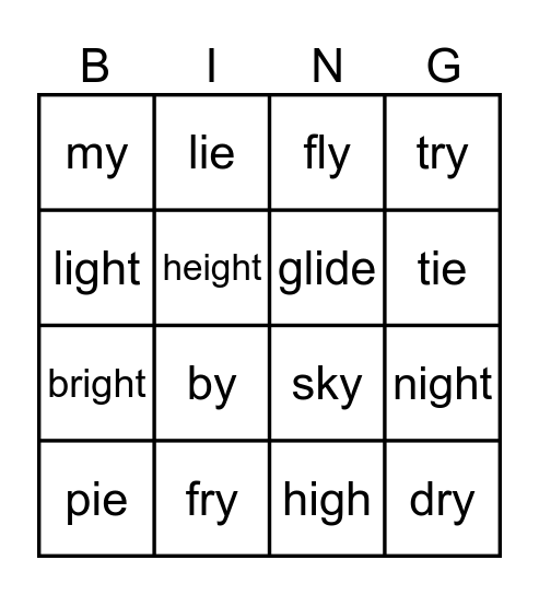 Long i Phonics Words Bingo Card