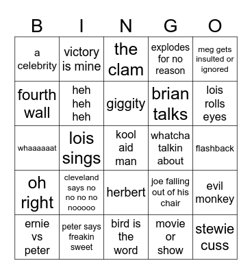family guy Bingo Card