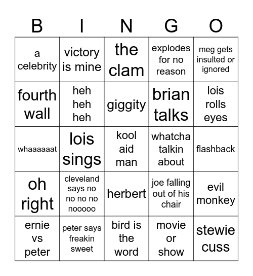 family guy Bingo Card