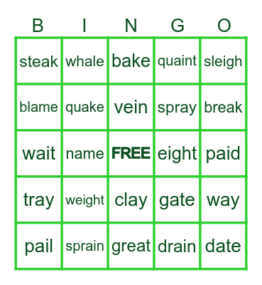 Sounds Write 'ae' Bingo Card