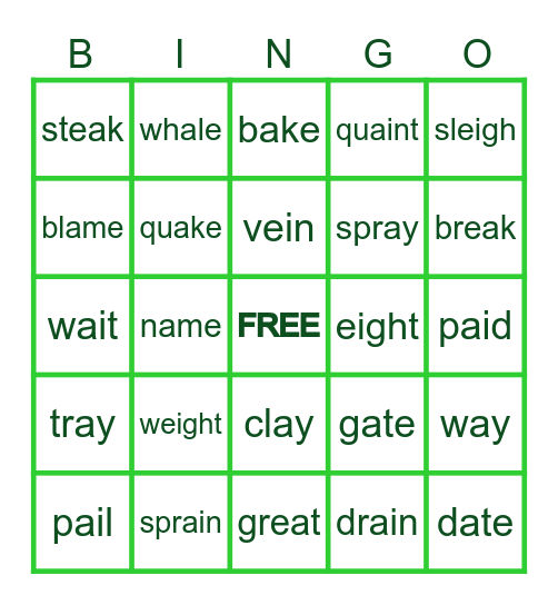 Sounds Write 'ae' Bingo Card