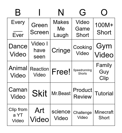 YT Shorts Bingo Card
