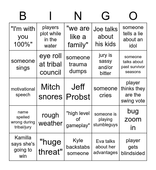 Survivor Bingo Card