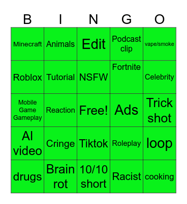 YT shorts bingo :) Bingo Card