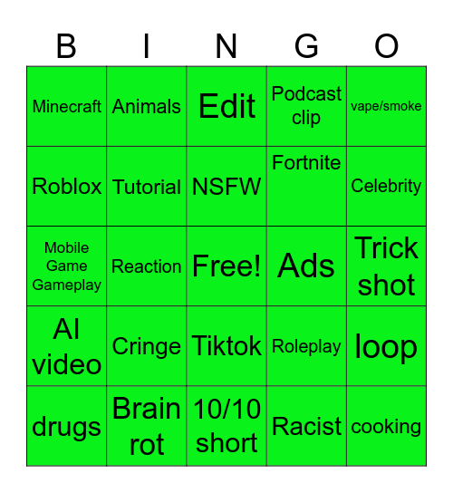 YT shorts bingo :) Bingo Card