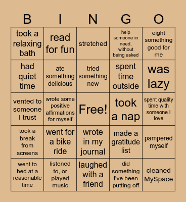 self-care bingo Card