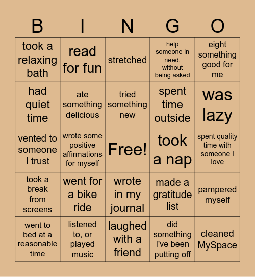 self-care bingo Card