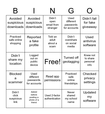 Internet Safety Bingo Card