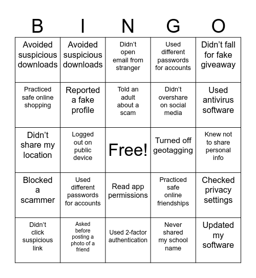 Internet Safety Bingo Card
