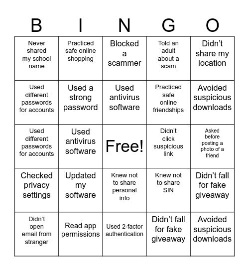 Internet Safety Bingo Card