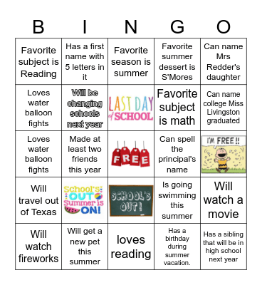 End of School Year Bingo Card