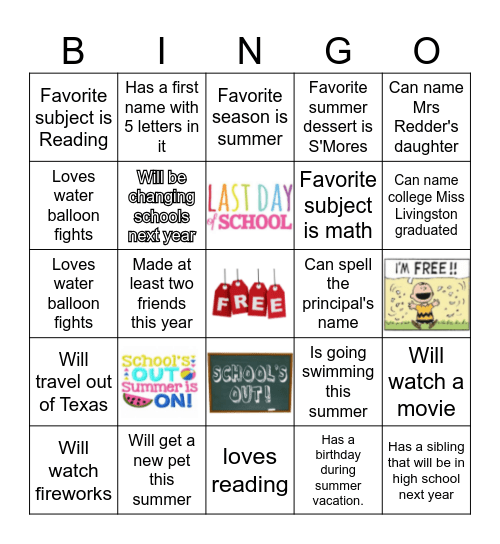End of School Year Bingo Card